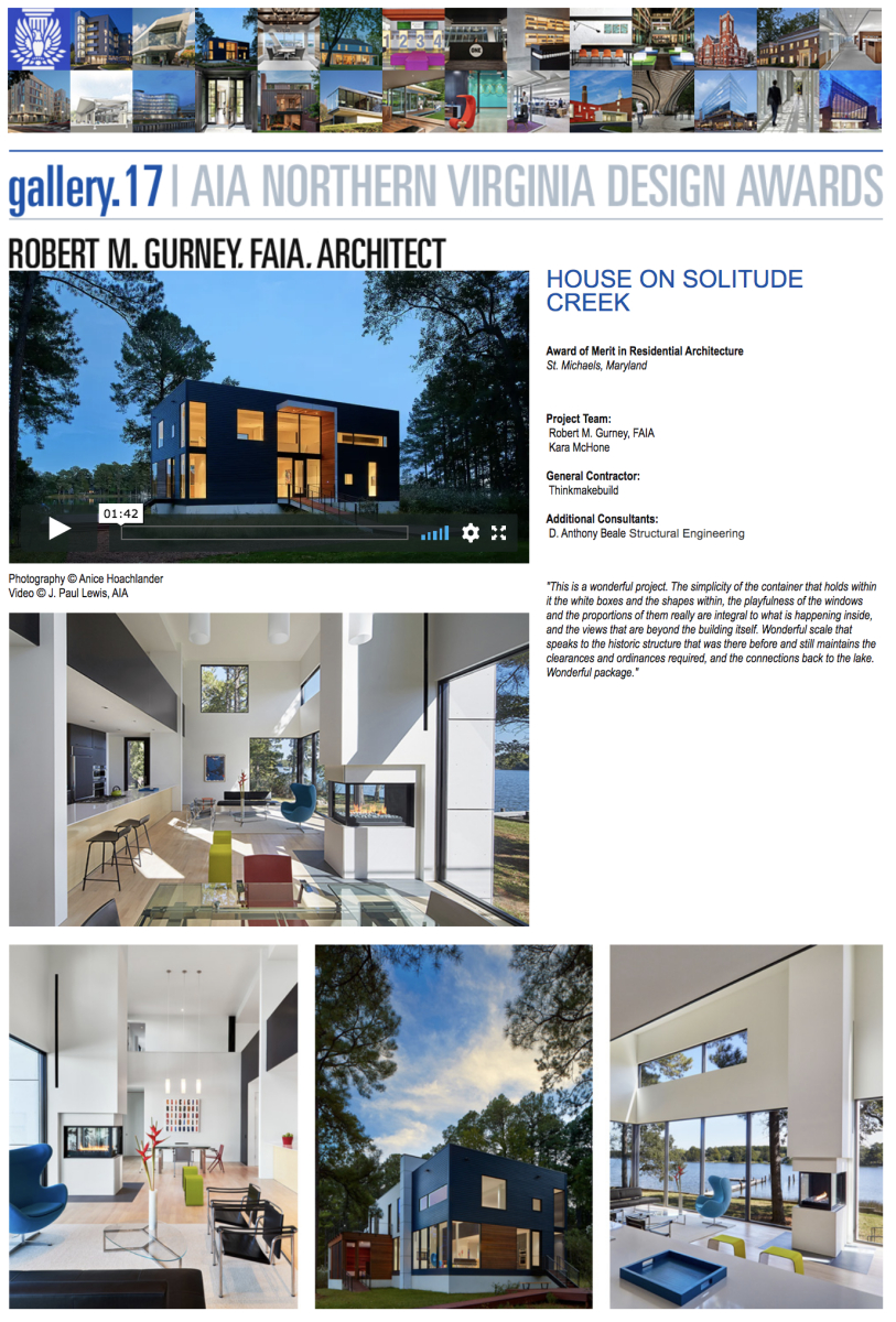 AIA of Northern Virginia 2017 Award of Merit in Residential Architecture to Robert Gurney, FAIA