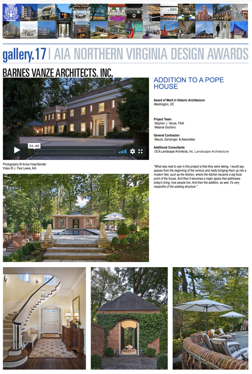 AIA of Northern Virginia 2017 Award of Merit in Historic Architecture to Barnes Vanze Architects, Inc.