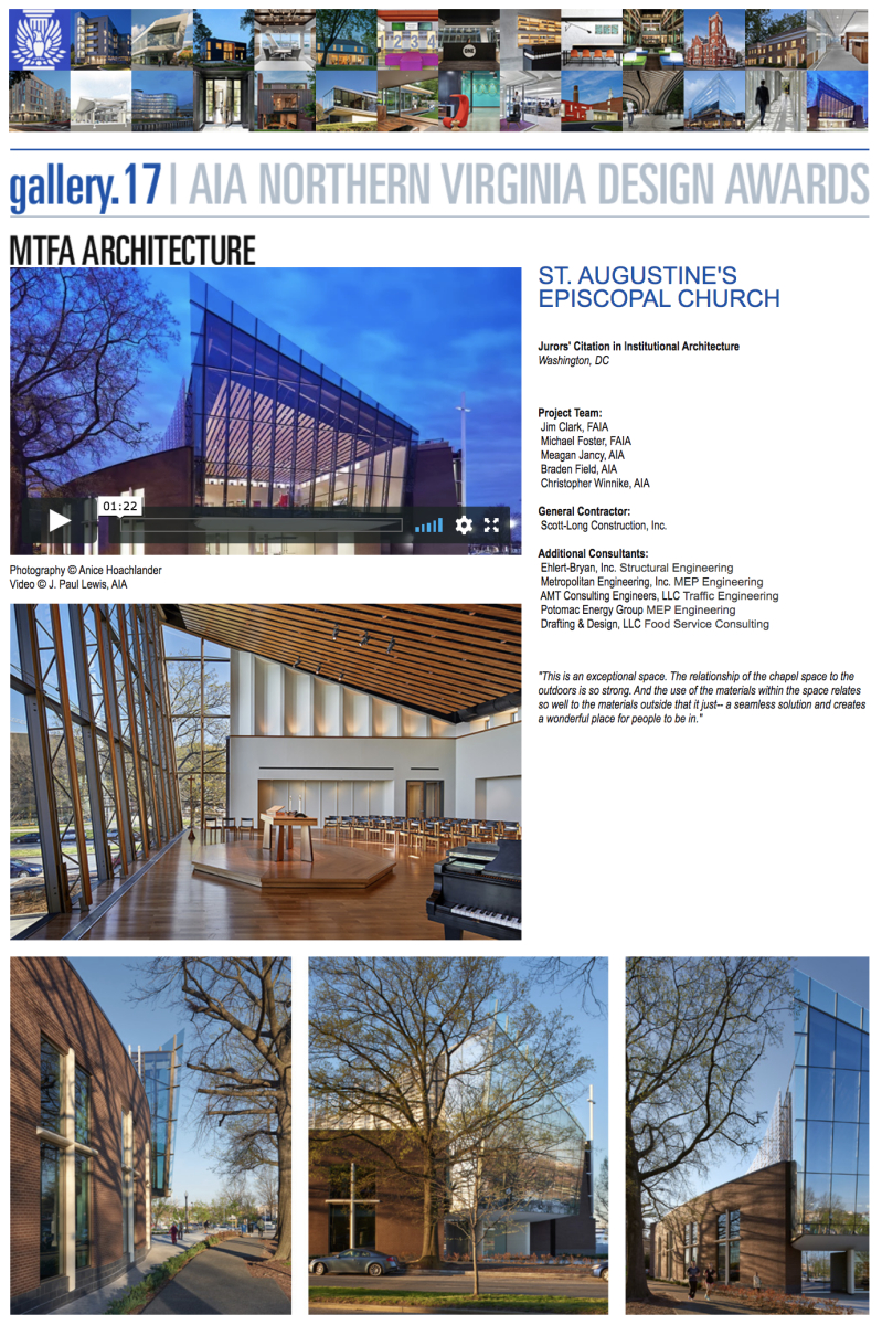 AIA of Northern Virginia 2017 Juror's Citation in Institutional Architecture to MTFA Architecture