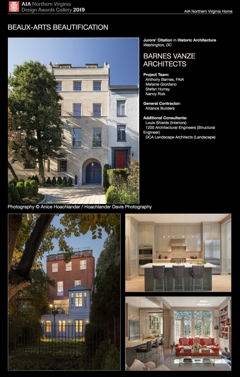 AIA of Northern Virginia 2019 Juror's Citation in Historic Architecture to Barnes Vanze Architects