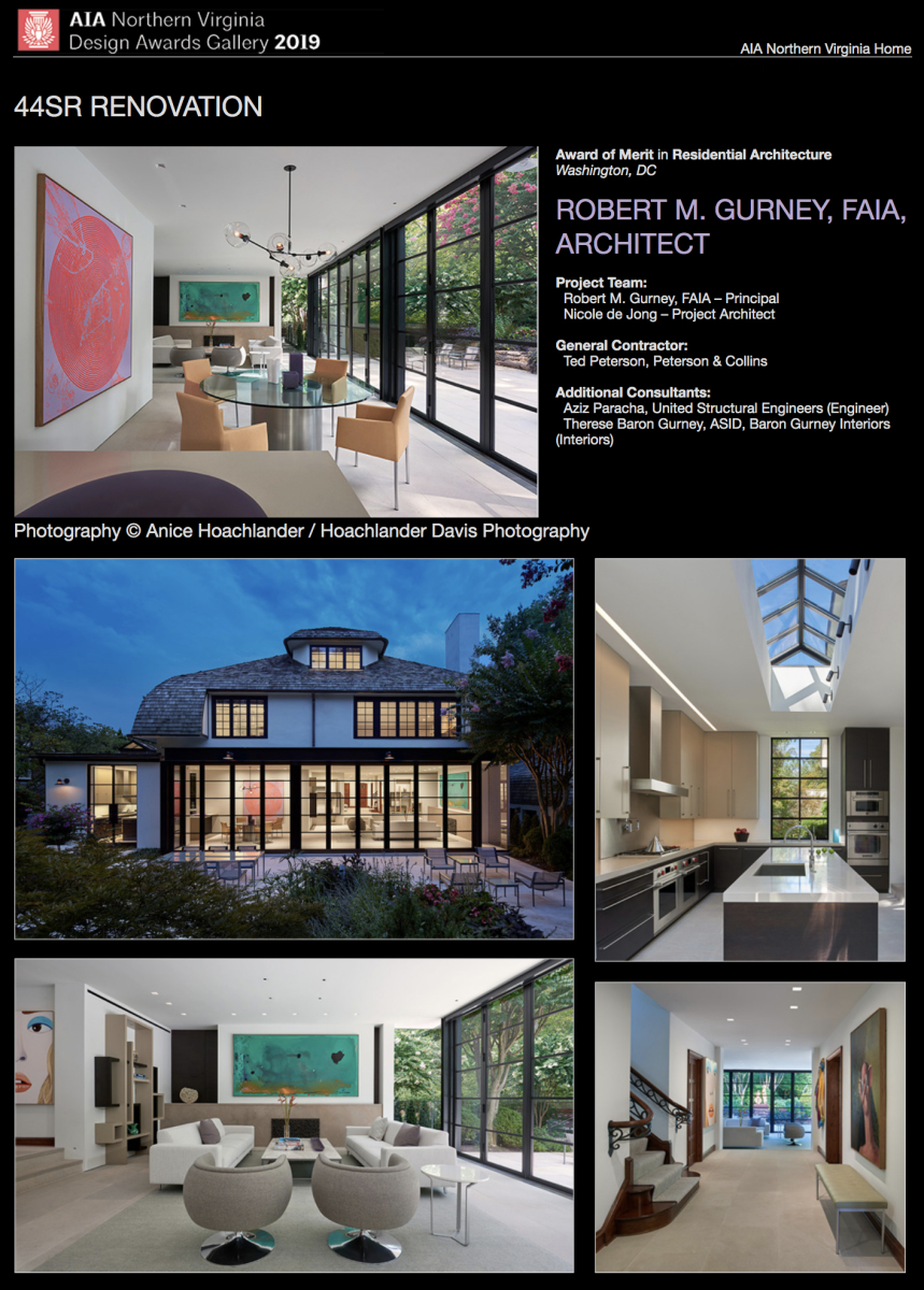 AIA of Northern Virginia 2019 Award of Merit in Residential Architecture to Robert Gurney, FAIA