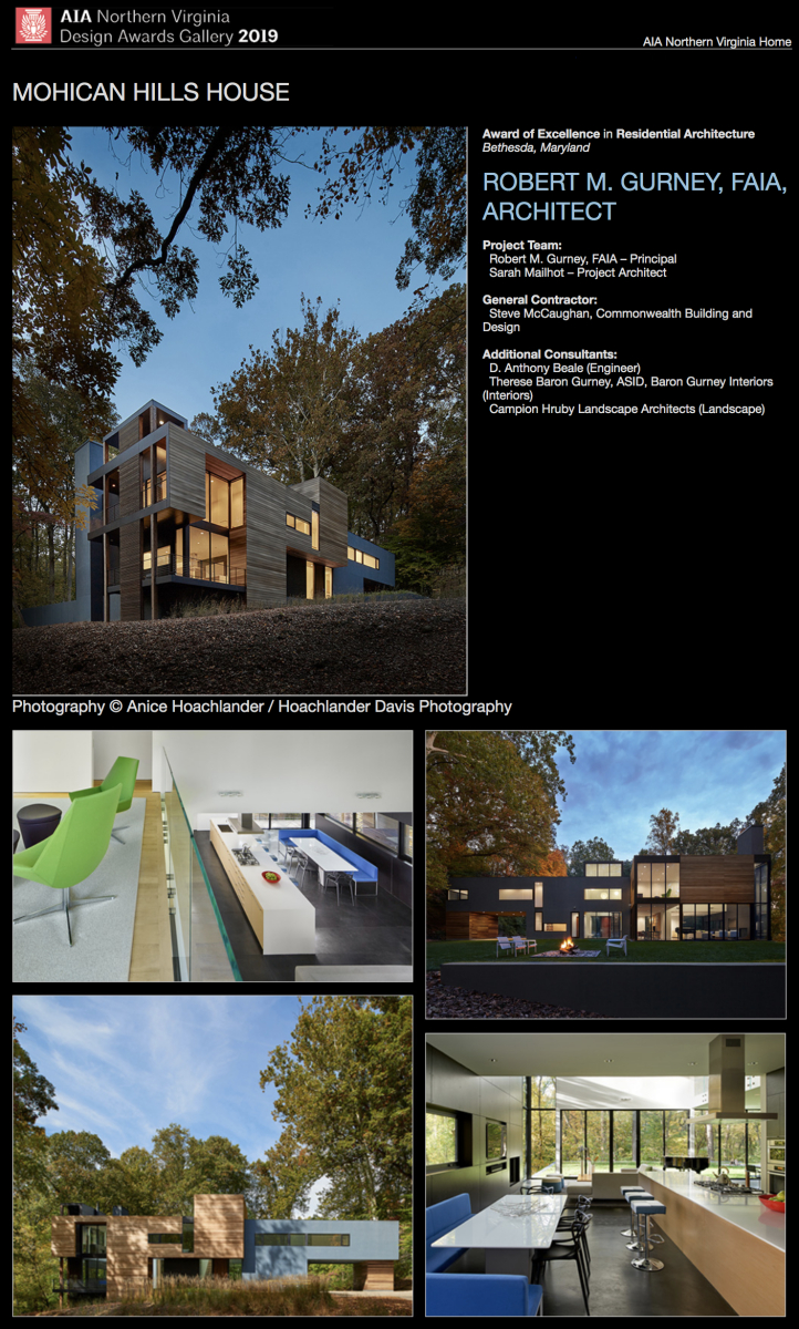 AIA of Northern Virginia 2019 Award of Excellence in Residential Architecture to Robert Gurney, FAIA