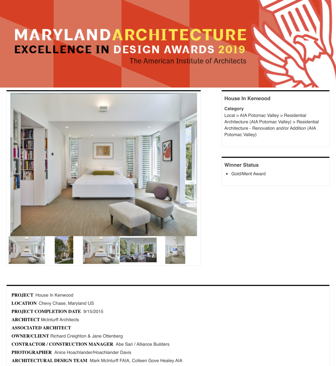 AIA of Potomac Valley 2017 Gold Award of Merit in Residential Architecture to McInturff Architects